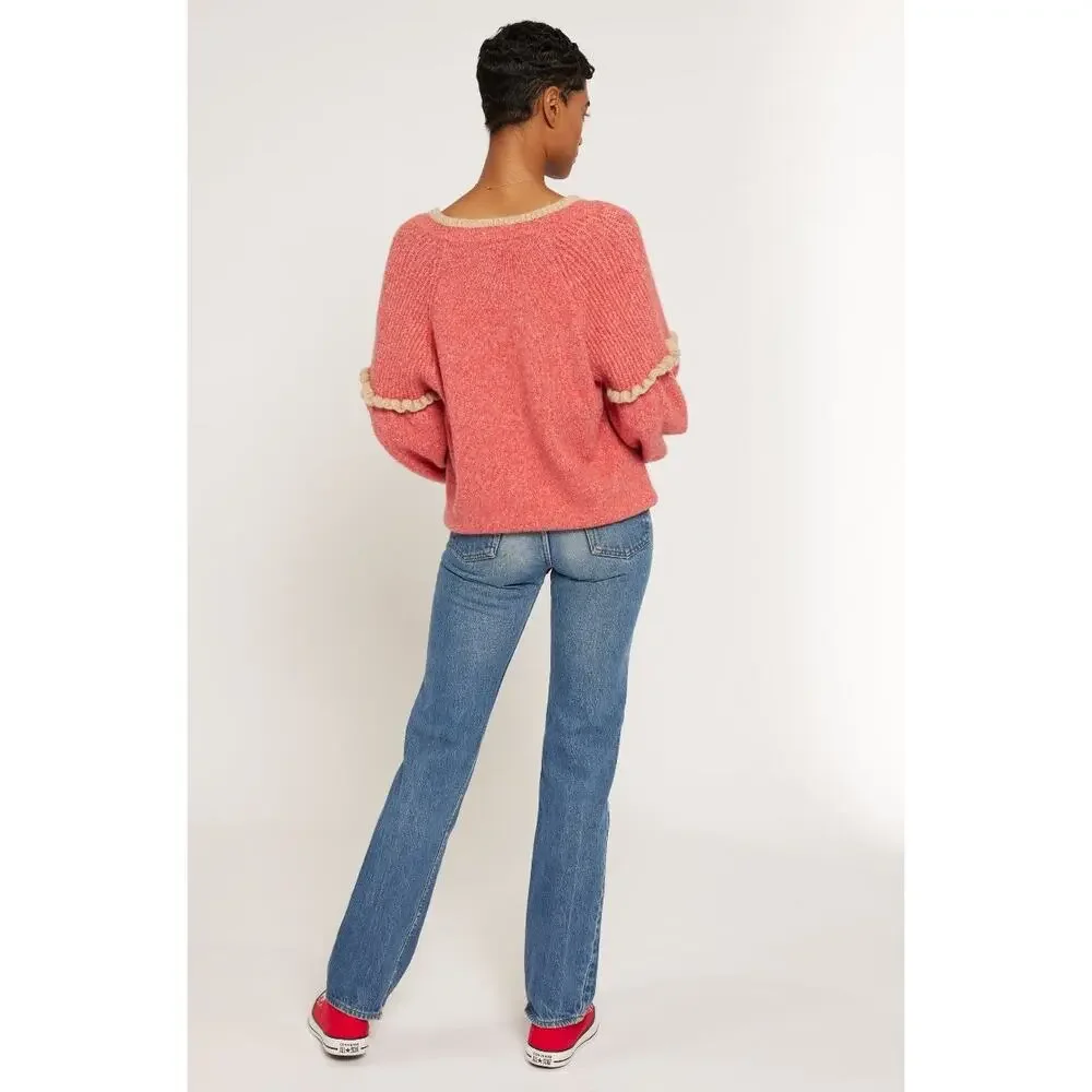 Joie Bodie V Neck Ruffle Sleeve Sweater Size Red Ponciana Cozy Feminine Chic - Picture 9 of 9